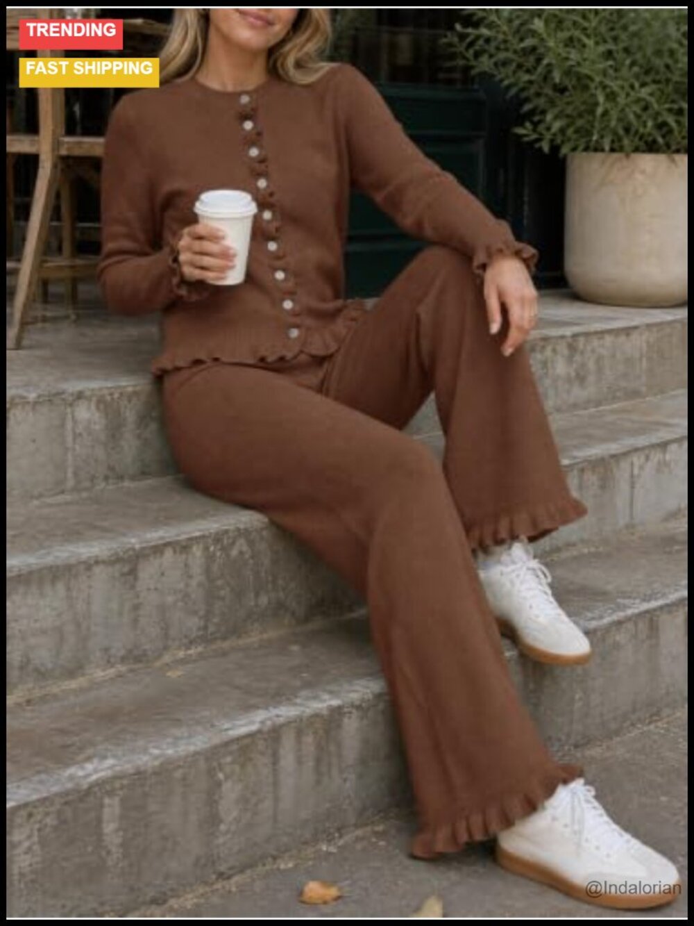 Womens Knit Lounge Set Ruffle Cardigan Wide Leg Pants 2 Piece Outfit - Picture 3 of 6